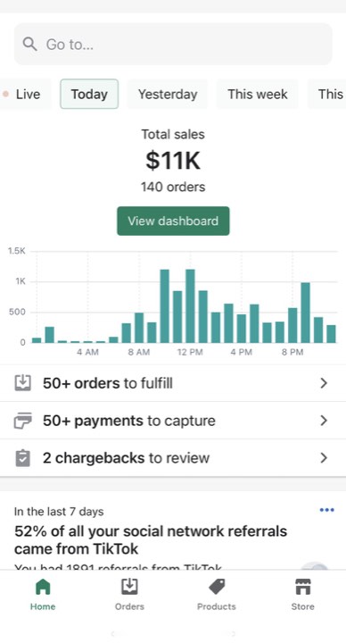 Student Shopify dashboard showing an $11K day across 140 orders