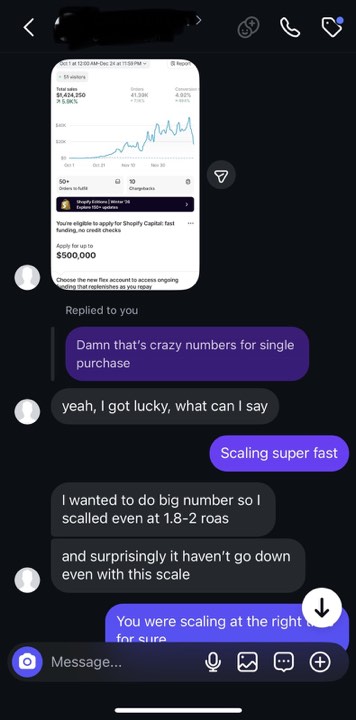 Student DM showing a Shopify dashboard with $1.42M in total sales