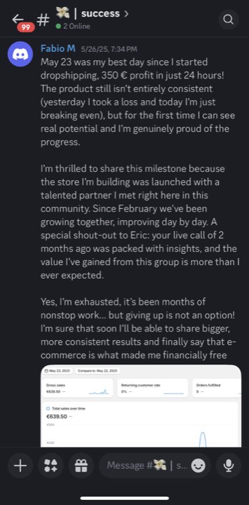 Fabio M.'s community post about his first profitable day after months of work
